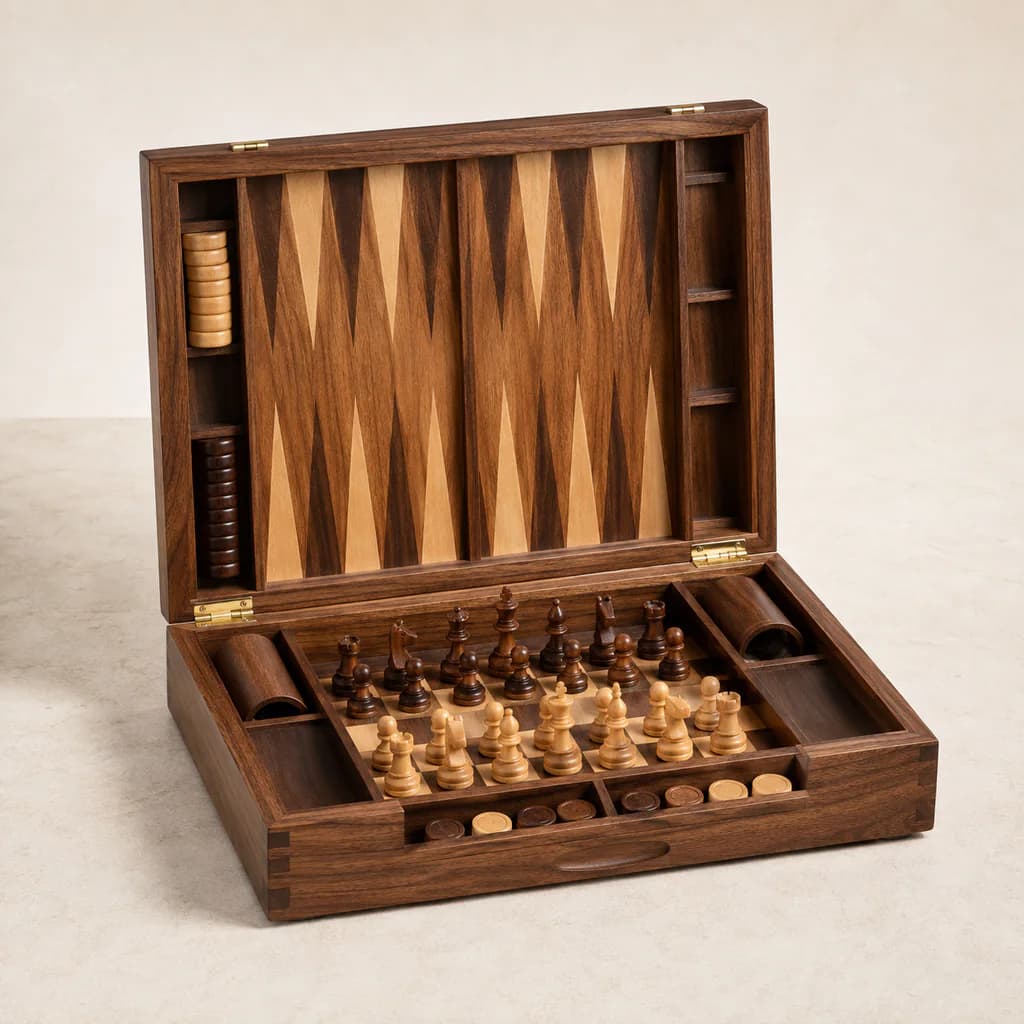 Caja de juegos clásicos en nogal