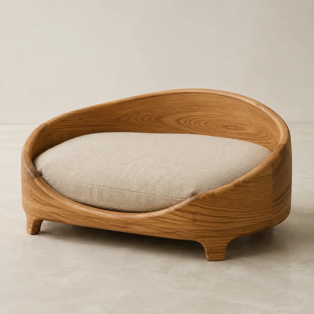 Cama curva de roble para mascotas