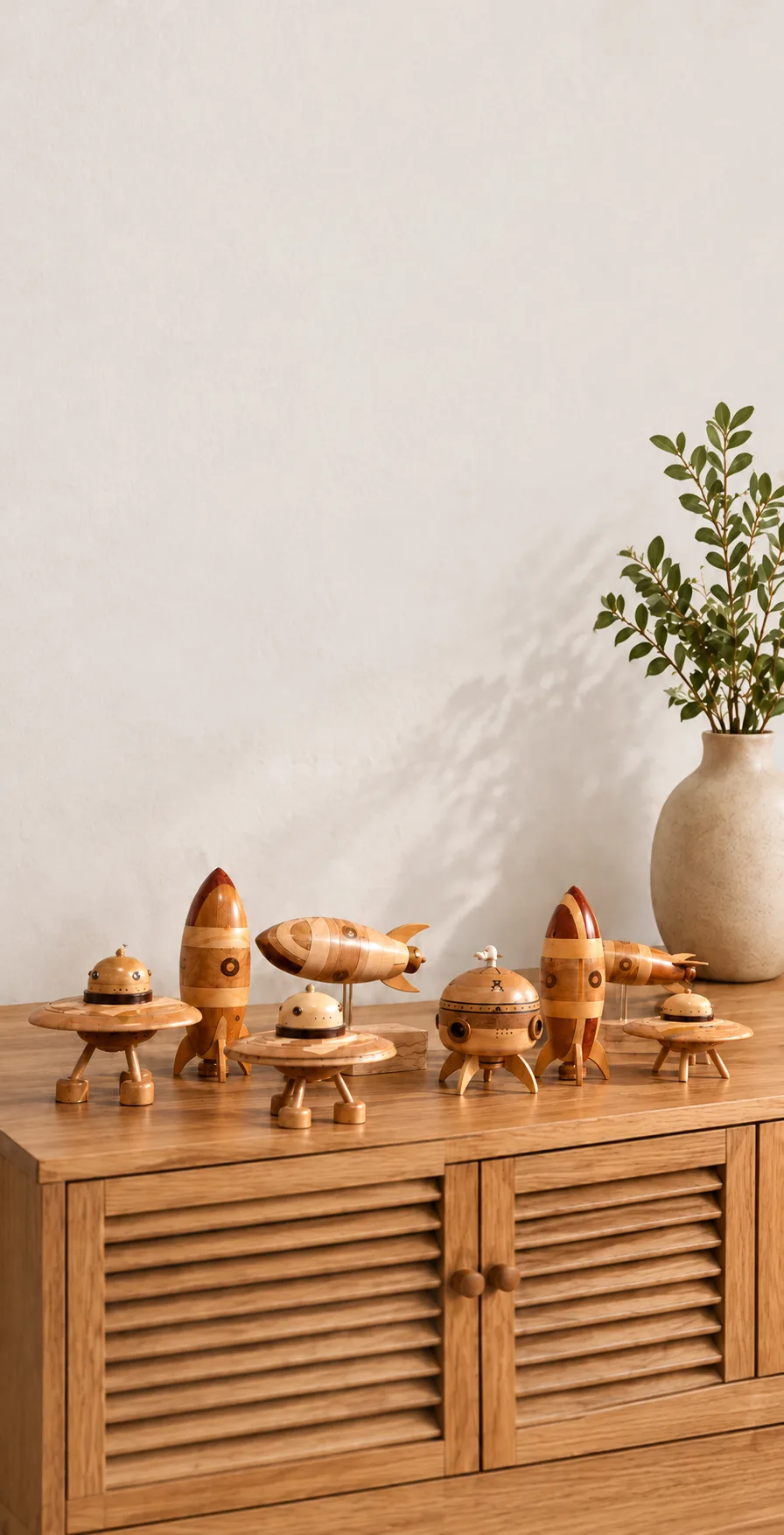 Colección de juguetes espaciales artesanales sobre un mueble de madera
